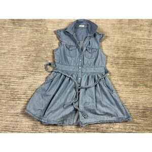 Ali & Kris Dress Womens `Medium Blue Chambray Pearl Snap Pockets Belted Cotton